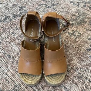 Treasure & Bond Tan Leather Espadrille Wedge Sandals with Ankle Strap